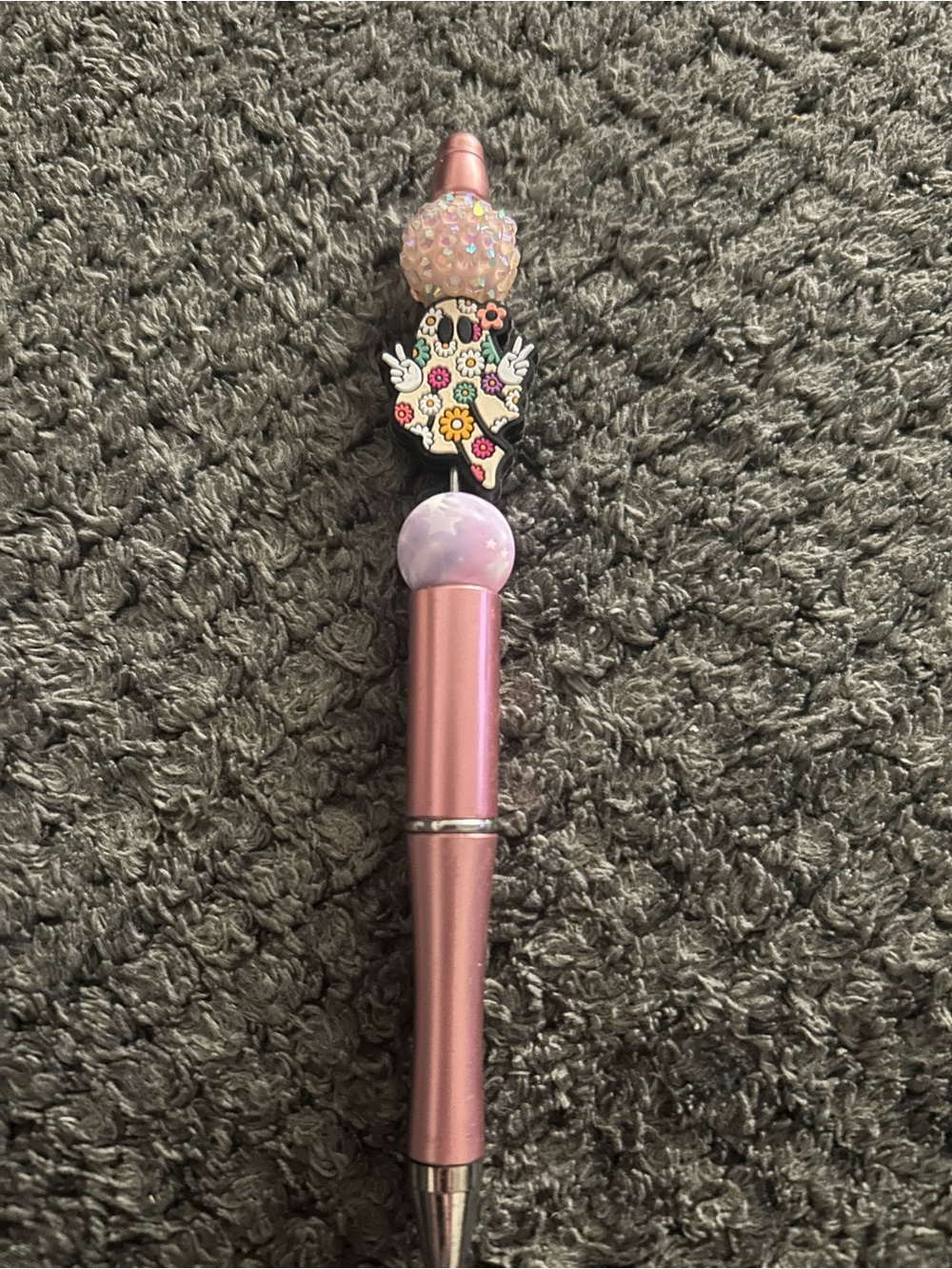Hand Crafted Pink Metallic Ballpoint Pen with Multicolor Floral Ghost Charm